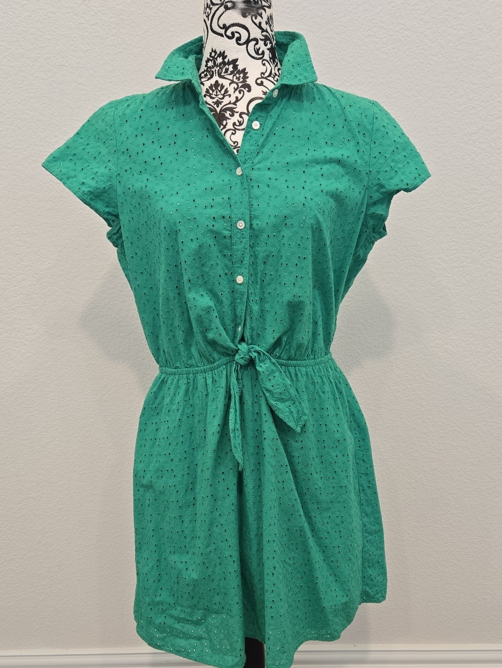 J.Crew Women's Green Eyelet Tie-Waist Shirt Dress